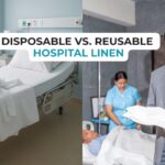 Hospital bed with white disposable linens and a healthcare supplier holding folded reusable hospital sheets in a patient room.