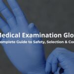 Close-up of hands wearing blue medical examination gloves, with text about a guide to safety, selection, and compliance.