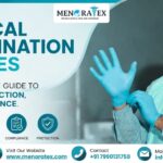 Medical professional wearing protective gear putting on blue examination gloves in a clinical setting