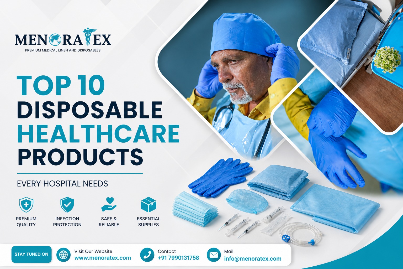Doctor wearing gloves and cap with disposable medical supplies like masks, syringes, and gowns displayed