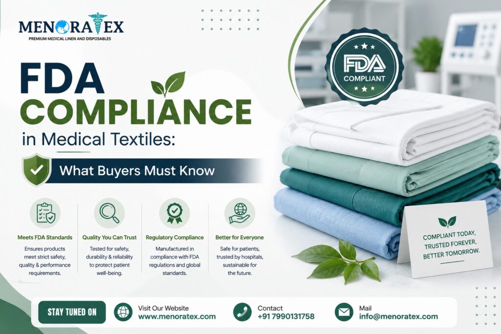 Promotional banner by Menoratex about FDA compliance in medical textiles, featuring stacked hospital linens, an FDA compliant badge, and key benefits like safety, quality, and regulatory compliance.