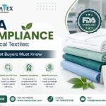 Promotional banner by Menoratex about FDA compliance in medical textiles, featuring stacked hospital linens, an FDA compliant badge, and key benefits like safety, quality, and regulatory compliance.