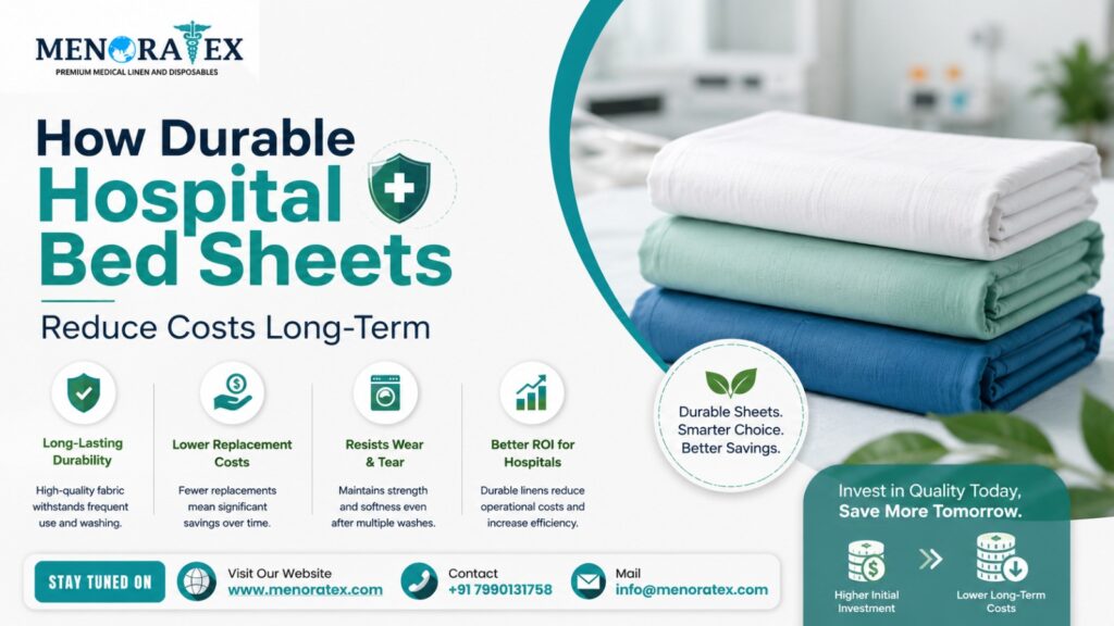 Stack of durable hospital bed sheets in white, green, and blue with infographic explaining cost savings, durability, and reduced replacement costs for hospitals by MenoraTex.