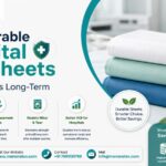 Stack of durable hospital bed sheets in white, green, and blue with infographic explaining cost savings, durability, and reduced replacement costs for hospitals by MenoraTex.