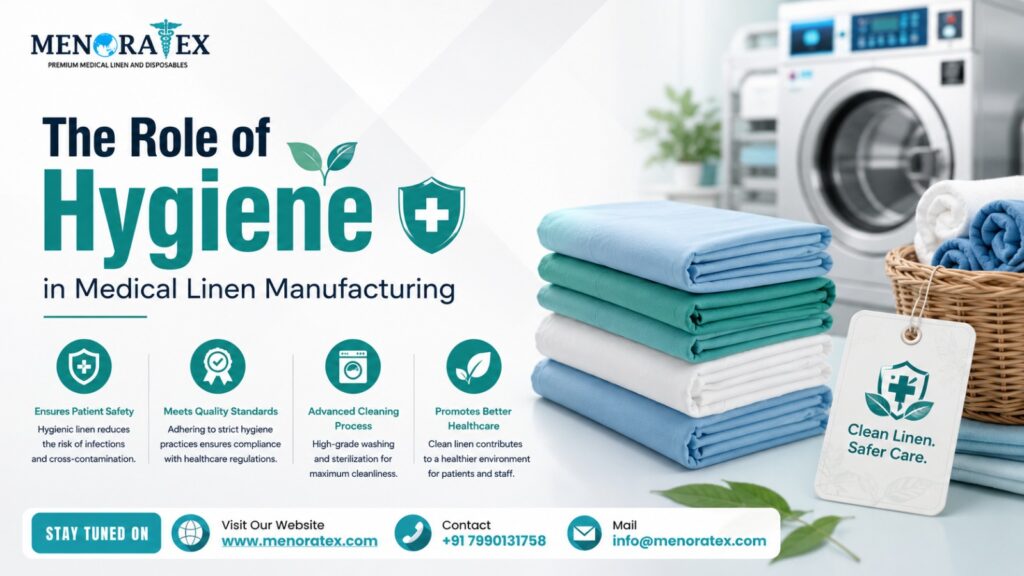 Medical linen manufacturing hygiene process with clean hospital linens, sterilized fabric stacks, and industrial washing equipment by Menora Tex