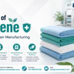 Medical linen manufacturing hygiene process with clean hospital linens, sterilized fabric stacks, and industrial washing equipment by Menora Tex