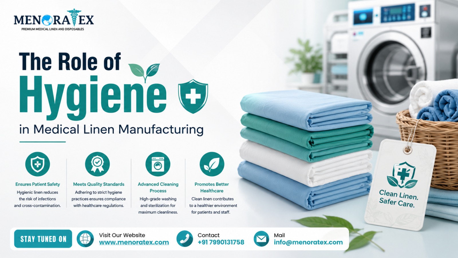Medical linen manufacturing hygiene process with clean hospital linens, sterilized fabric stacks, and industrial washing equipment by Menora Tex