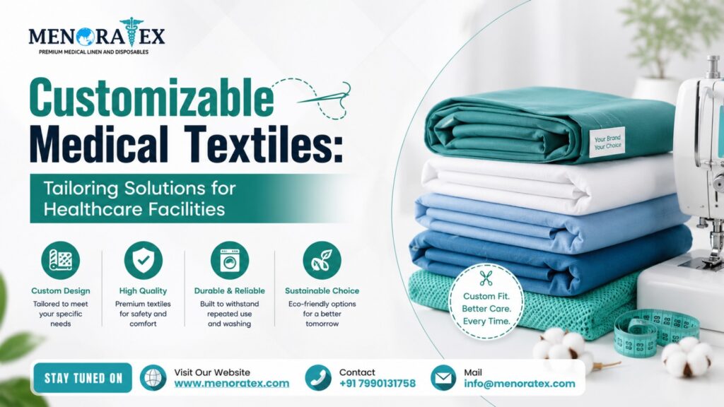 Promotional banner for Menora Tex featuring customizable medical textiles, stacked hospital linens in teal and blue shades, sewing machine, and highlights of custom design, durability, quality, and sustainable healthcare fabric solutions.
