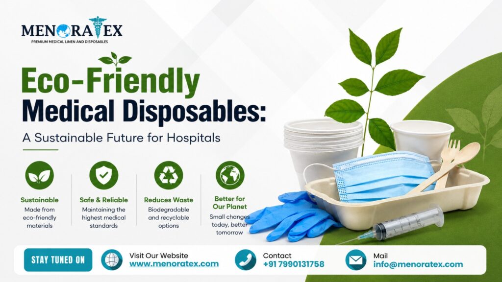 Banner promoting eco-friendly medical disposables by Menora Tex, featuring biodegradable healthcare products, gloves, mask, syringe, paper cups, wooden cutlery, and green leaves with sustainability-focused messaging.