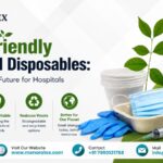 Banner promoting eco-friendly medical disposables by Menora Tex, featuring biodegradable healthcare products, gloves, mask, syringe, paper cups, wooden cutlery, and green leaves with sustainability-focused messaging.