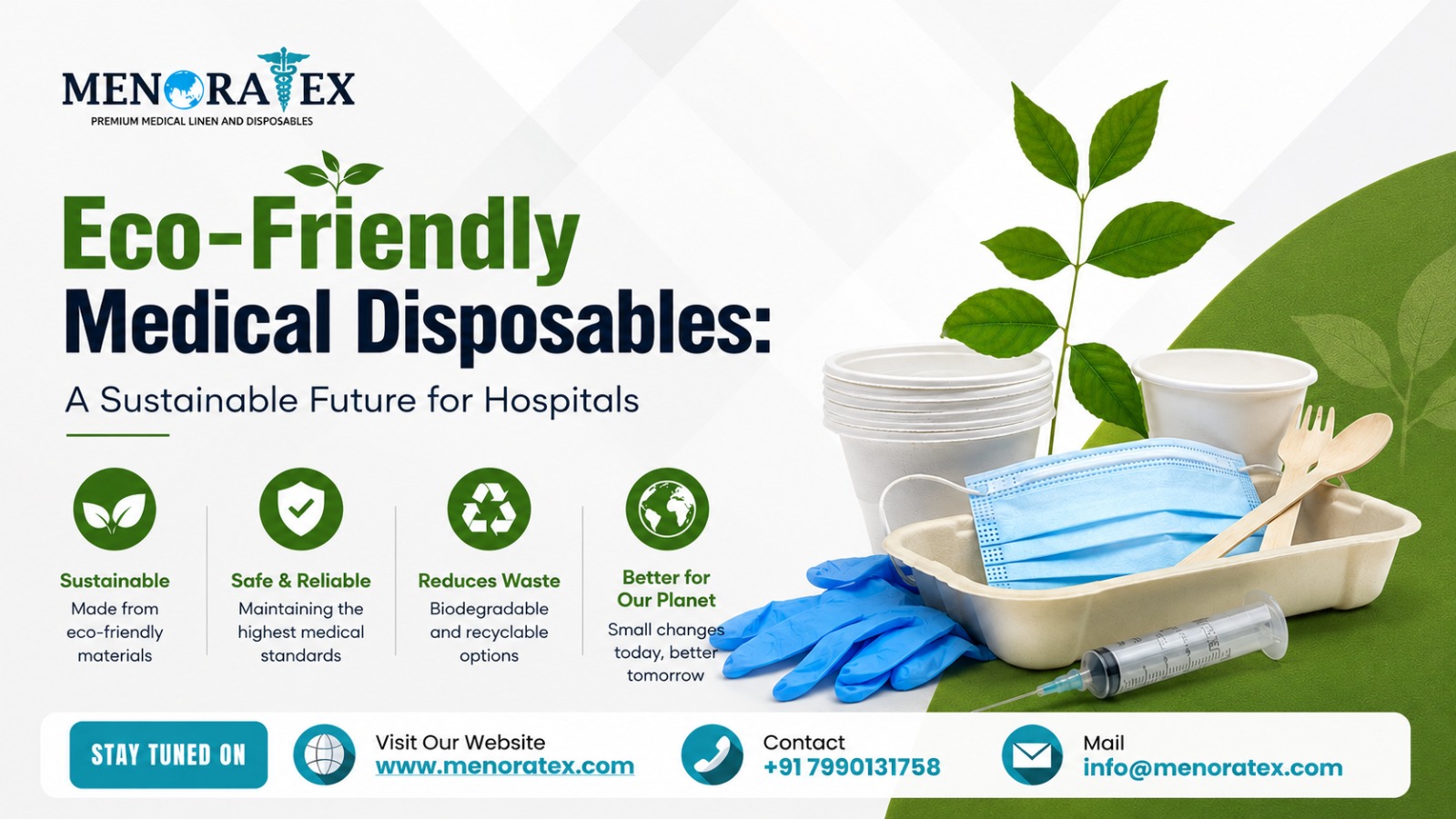 Banner promoting eco-friendly medical disposables by Menora Tex, featuring biodegradable healthcare products, gloves, mask, syringe, paper cups, wooden cutlery, and green leaves with sustainability-focused messaging.