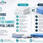 Cotton vs synthetic fabrics comparison for hospital linens, hospital bed sheets, and healthcare textiles showing comfort, durability, breathability, absorbency, and infection control benefits.