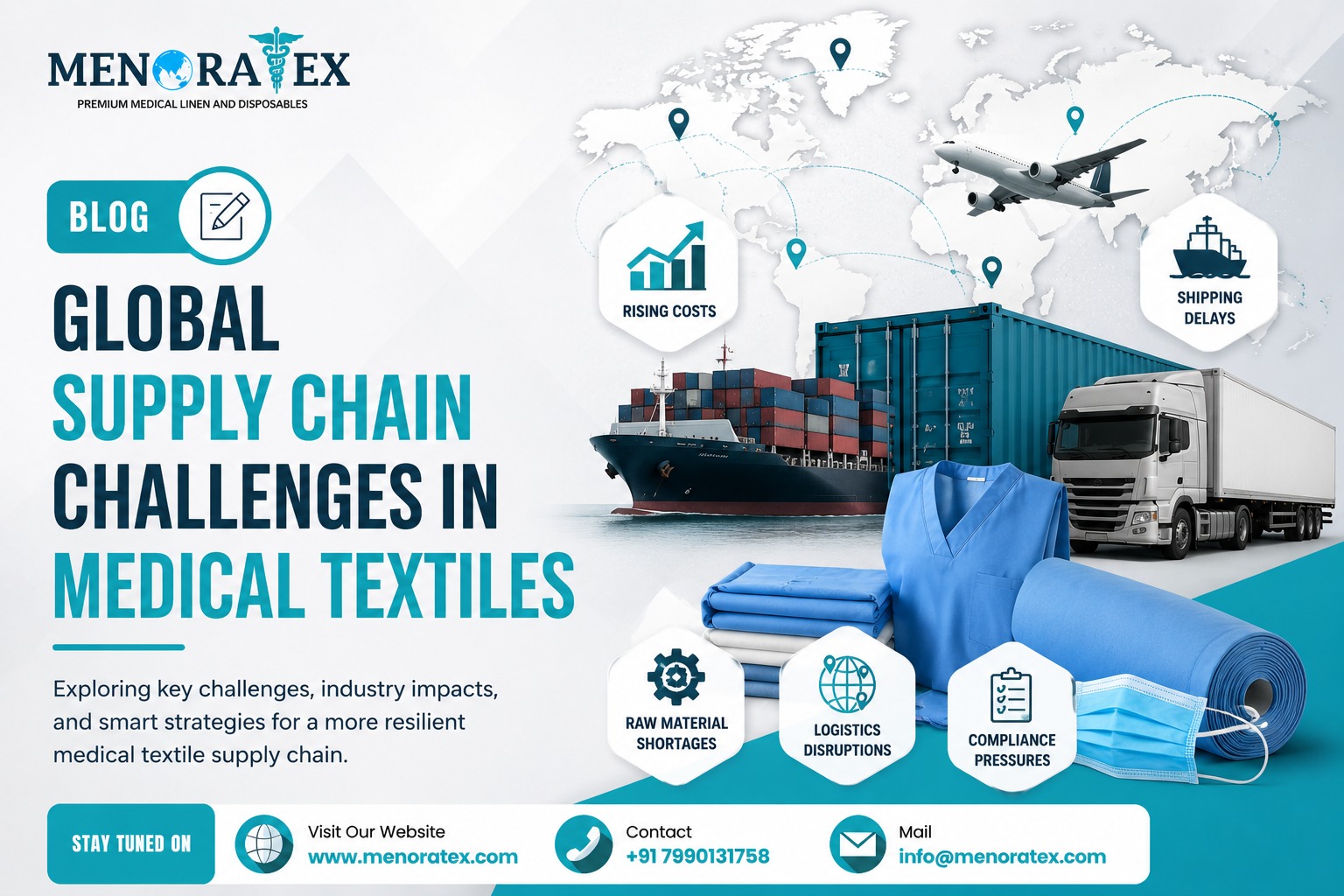 Global supply chain challenges in medical textiles showing shipping delays, rising costs, raw material shortages, logistics disruptions, and compliance pressures affecting healthcare textile manufacturing.