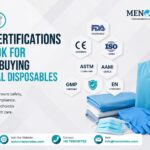 Medical disposable products including scrubs, gloves, masks, and surgical caps displayed alongside key healthcare certifications such as FDA Registered, ISO 13485, CE Certified, ASTM Compliant, AAMI Levels, GMP Certified, and EN Standards.