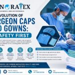 Medical professionals wearing advanced surgeon caps and surgical gowns during an operation, showcasing infection control, comfort, and safety-focused healthcare apparel by Menoratex.