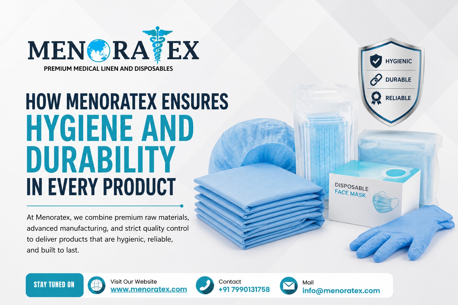 Menoratex premium medical linen and disposable healthcare products including face masks, medical gloves, protective caps, and hospital linens designed for hygiene, durability, and reliable healthcare use.
