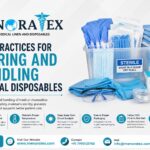 Infographic showing best practices for storing and handling medical disposables, including sterile gloves, face masks, surgical drapes, and healthcare supplies in a clean, dry storage environment.