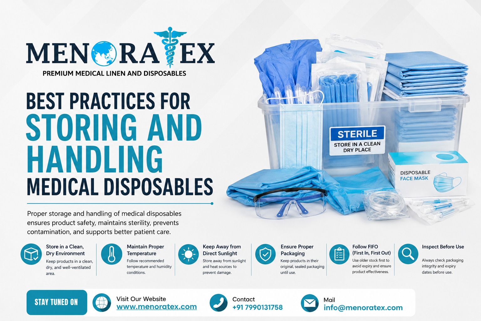 Infographic showing best practices for storing and handling medical disposables, including sterile gloves, face masks, surgical drapes, and healthcare supplies in a clean, dry storage environment.