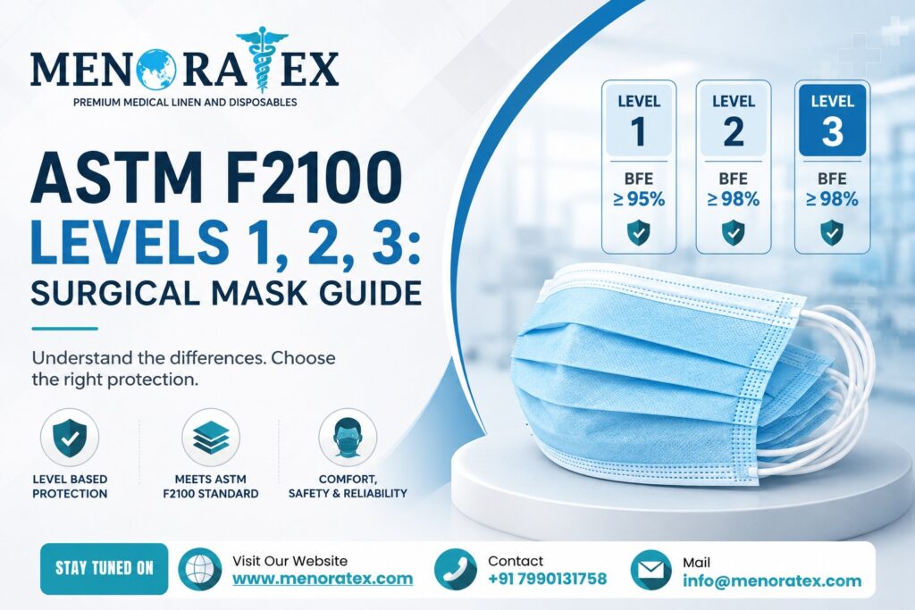 ASTM F2100 surgical mask guide showing Level 1, Level 2, and Level 3 masks with BFE ratings and Menoratex branding.