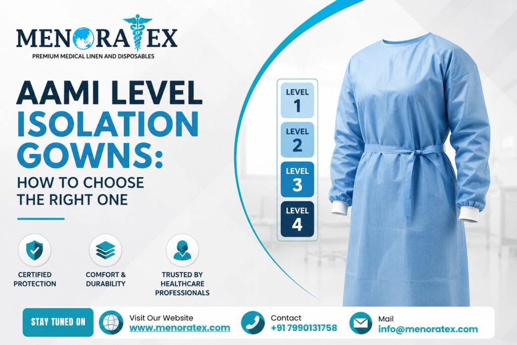 AAMI Level 1, Level 2, Level 3, and Level 4 medical isolation gown by MenoraTex with guide on choosing the right protective gown for healthcare professionals and infection control.