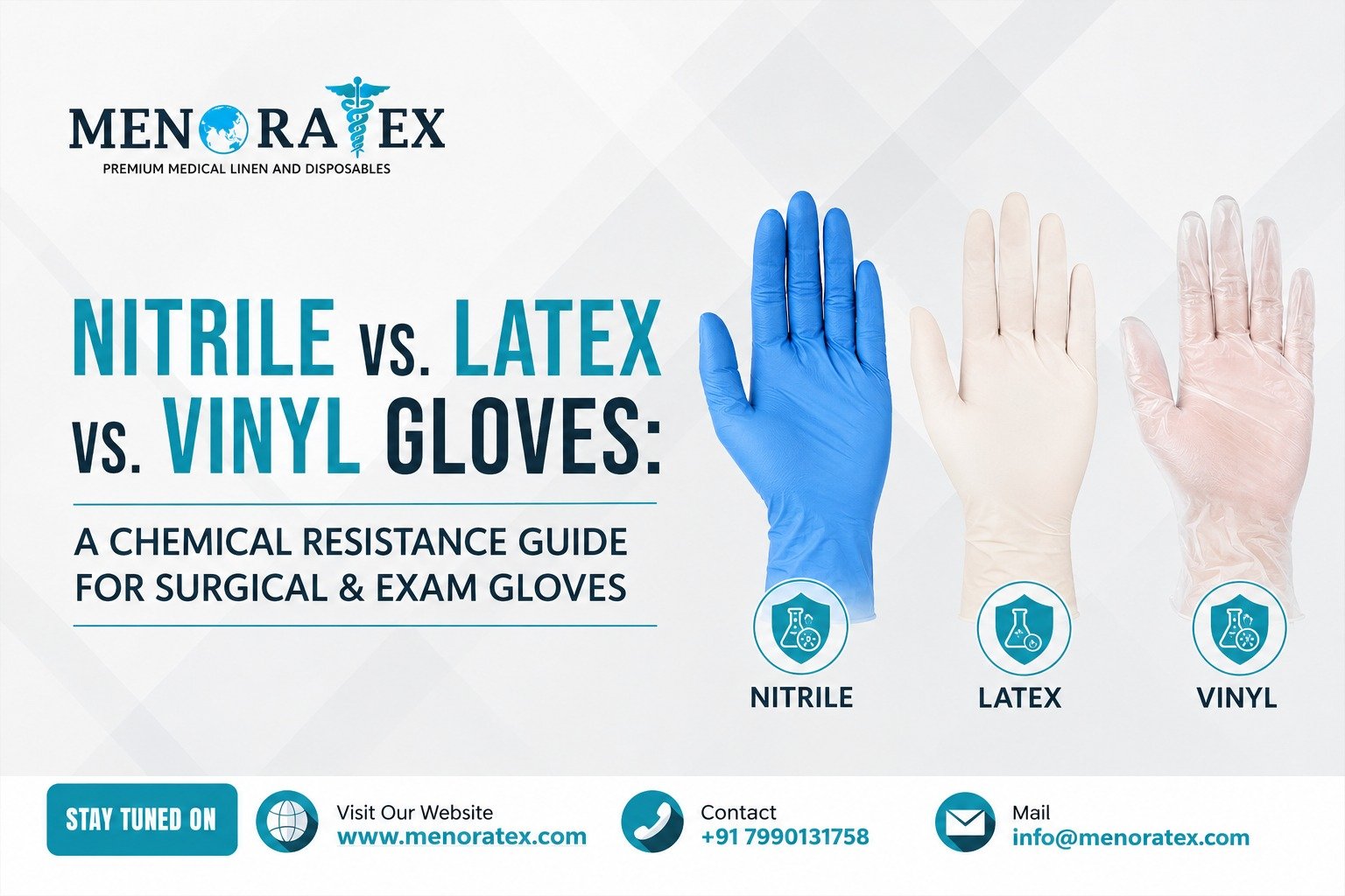 Comparison of nitrile, latex and vinyl disposable medical gloves showing their chemical resistance for surgical and examination use by MenoraTex.