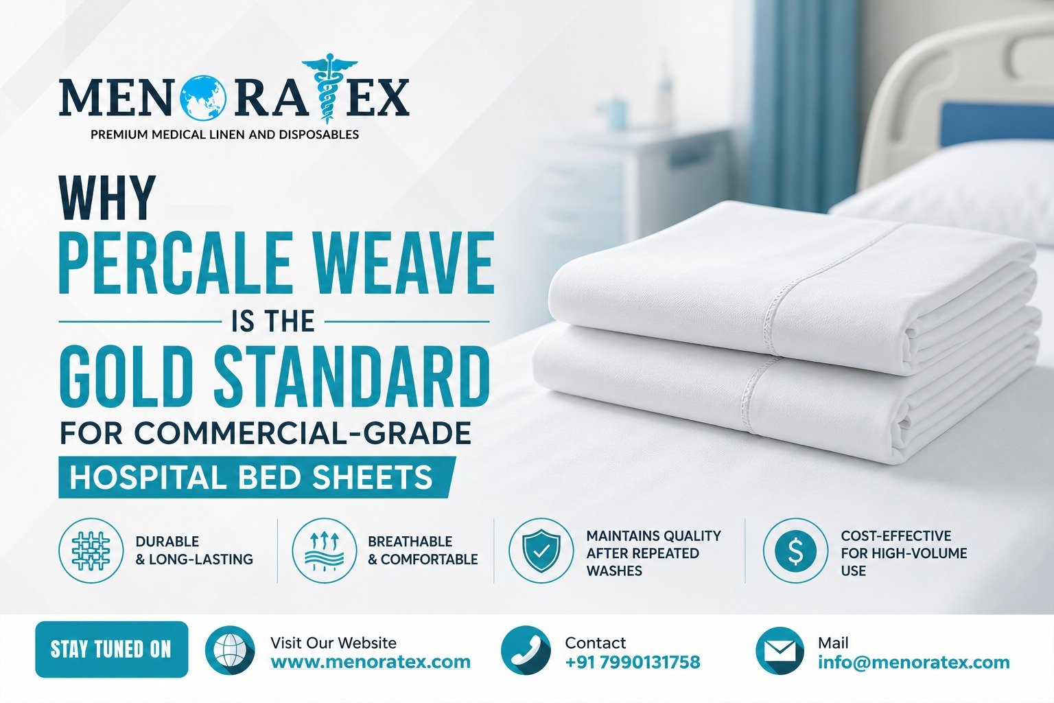 Premium white percale weave hospital bed sheets by MenoraTex, showcasing durable, breathable, commercial-grade medical linen designed for hospitals, clinics, healthcare facilities, and repeated industrial washing.