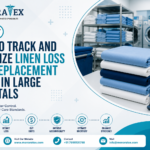 Hospital linen tracking system showing folded medical linens, barcode scanner, inventory checklist, and commercial laundry facility for reducing linen loss and replacement costs.