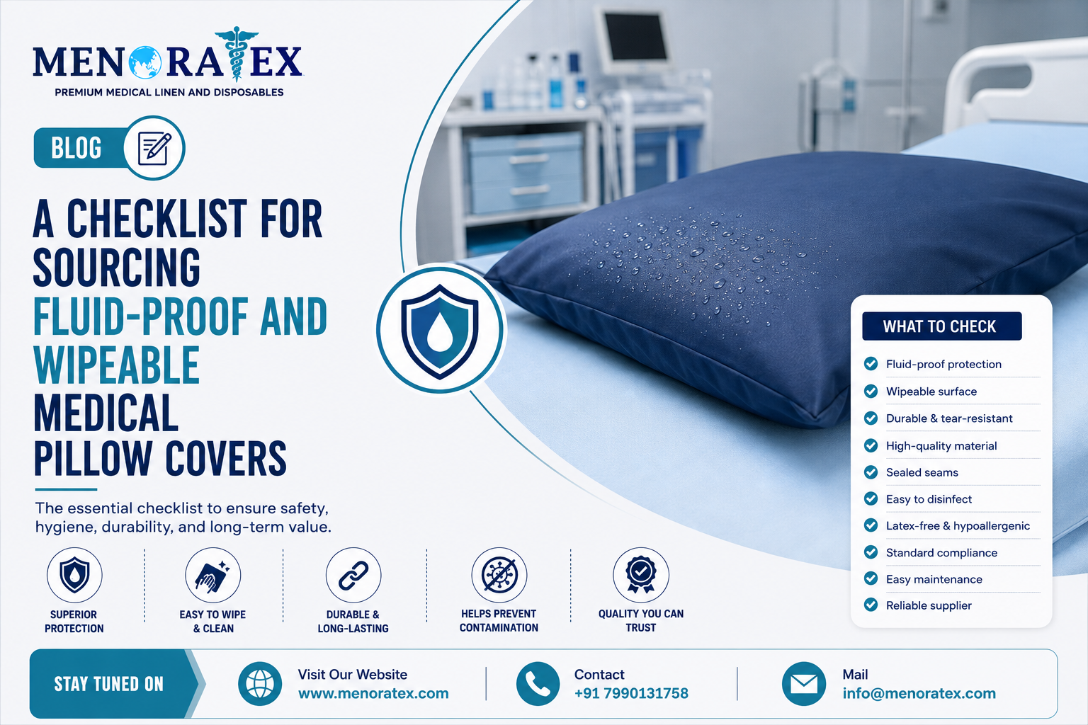 Fluid-proof and wipeable medical pillow covers for healthcare and hospital use