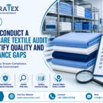 Healthcare textile audit checklist with folded hospital linens for evaluating quality, hygiene, safety, inventory, and compliance standards.