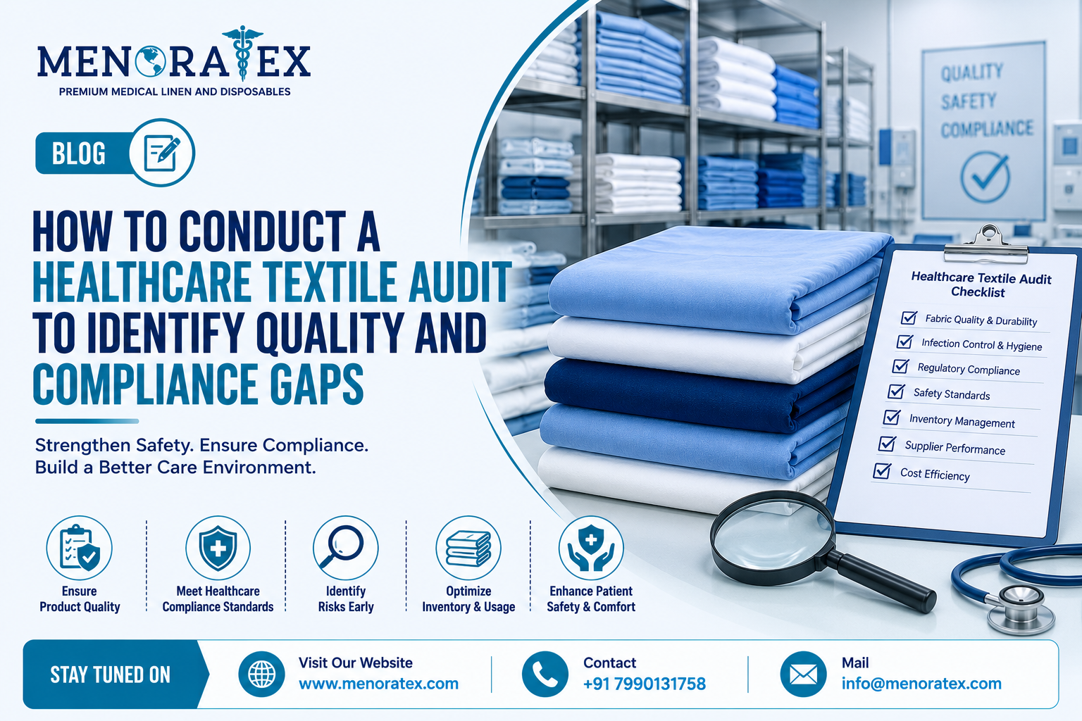 Healthcare textile audit checklist with folded hospital linens for evaluating quality, hygiene, safety, inventory, and compliance standards.
