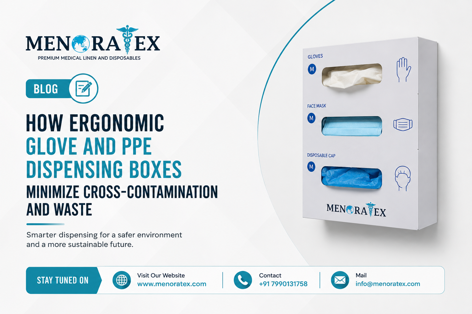 Menoratex ergonomic glove and PPE dispensing box for gloves, face masks, and disposable caps