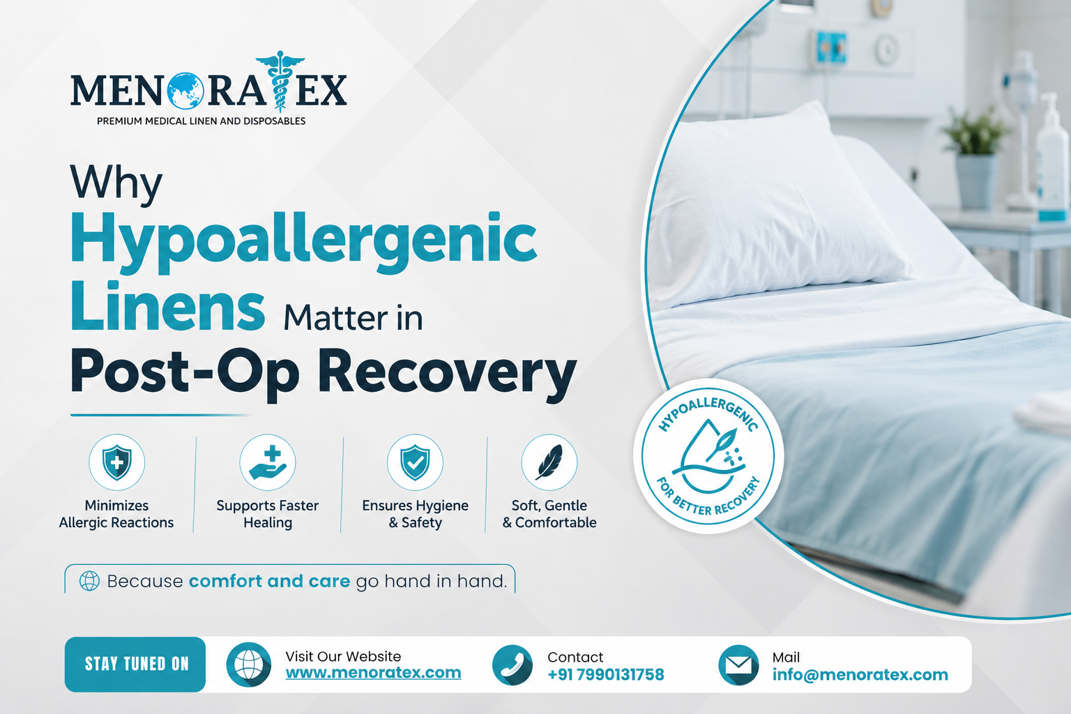 Why Hypoallergenic Linens Matter in Post-Op Recovery — Menoratex medical linen infographic highlighting comfort, hygiene, safety, and reduced allergic reactions.