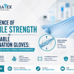 Disposable examination glove undergoing tensile strength testing to evaluate tear resistance and durability in high-stress healthcare environments