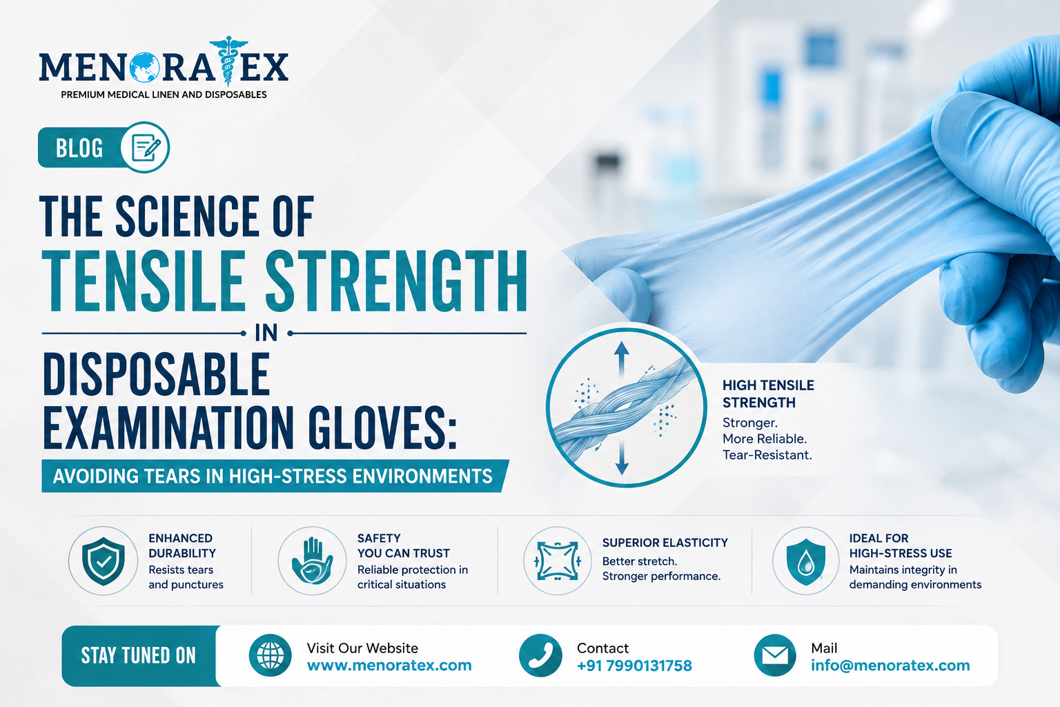 Disposable examination glove undergoing tensile strength testing to evaluate tear resistance and durability in high-stress healthcare environments