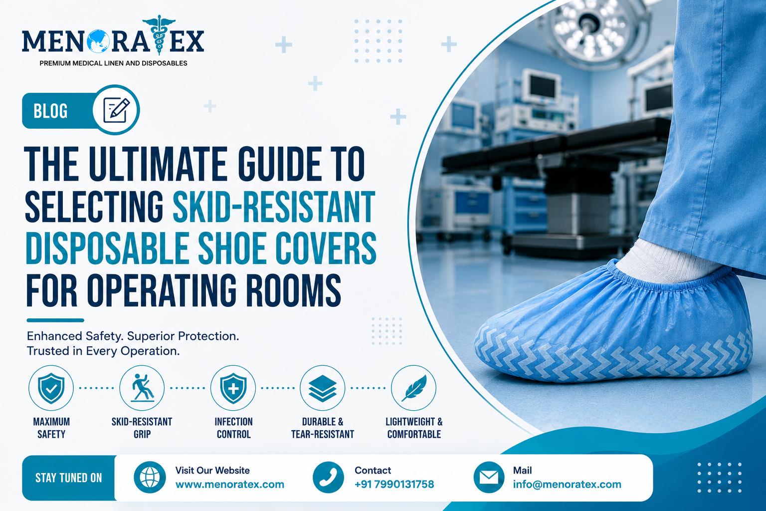 Skid-resistant disposable shoe covers for operating rooms designed for infection control, anti-slip protection, hospital safety, surgical procedures, and healthcare PPE.